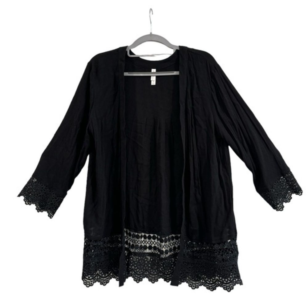 Black Kimono Open Front Cardigan Eyelet Crochet Trim Coverup Medium Women’s
